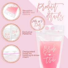 Load image into Gallery viewer, Effortless Events Bachelorette Drink Pouches for Adults, 16 Count, 15 Oz Drink Pouches with Straws, Rose Gold, Bride and Bride Tribe, Bachelorette Party Cups