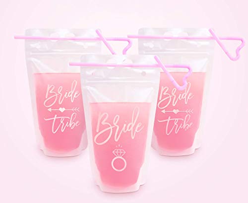 Bachelorette Drink Pouches for Adults, 16 Count, 15 Oz Drink Pouches with Straws, Rose Gold, Bride and Bride Tribe, Bachelorette Party Cups