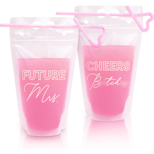 Effortless Events Bachelorette Drink Pouches, 16 Count, 15 Oz Drink Pouches with Straws, Rose Gold, Future Mrs & Cheers, Pouches for Drinks with Straws Bachelorette Party Cups & Bride To Be Gift