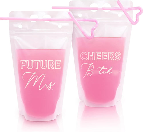 Bachelorette Drink Pouches,16 Count, 15 Oz Drink Pouches with Straws, Rose Gold, Future Mrs & Cheers, Pouches for Drinks with Straws Bachelorette Party Cups