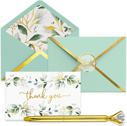100 PK Heavy Duty Eucalyptus Thank You Cards with Envelopes & Stickers, 4x6 Inches-Thank You Notes with Gold Pen for Wedding, Baby Shower, Graduation, Bridal, Business