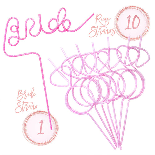 Effortless Events 11 PCS Reusable Bride Drinking Straws Set, 1 Bride Straw and 10 Gourd Shape Straws, Bachelorette Party Straws for Wedding, Engagement, Bridal Shower