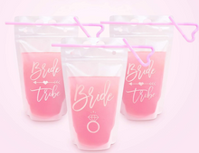 Load image into Gallery viewer, Effortless Events Bachelorette Drink Pouches for Adults, 16 Count, 15 Oz Drink Pouches with Straws, Rose Gold, Bride and Bride Tribe, Bachelorette Party Cups