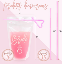 Load image into Gallery viewer, Effortless Events Bachelorette Drink Pouches for Adults, 16 Count, 15 Oz Drink Pouches with Straws, Rose Gold, Bride and Bride Tribe, Bachelorette Party Cups