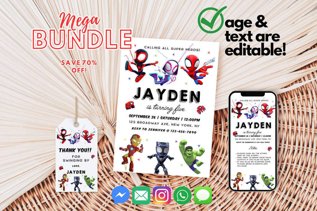 Birthday Invite Spider Theme Digital Invited Editable Printable Invite for Five Year Old 5th Birthday Party Invite Spidey and Friends