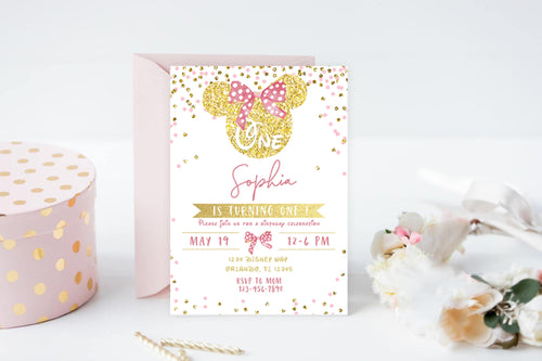 Birthday Invite for 1 Year Old Girl Printable 1st Birthday Invitation Mouse Theme Party Invite Editable Digital Minimal Pink Digital Card