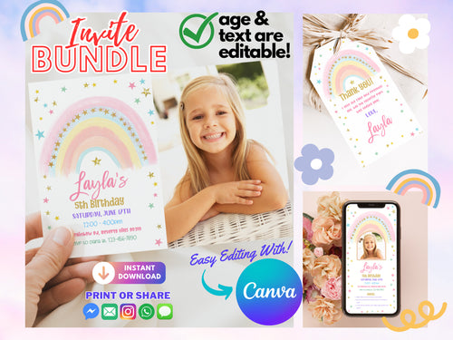 4th Birthday | 5th Birthday | Pastel Rainbow Birthday Invitation | Colorful Watercolor Gold Glitter Sprinkles | Ombre Pastel Invitation