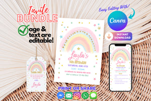 4th Birthday | 5th Birthday | Pastel Rainbow Birthday Invitation | Colorful Watercolor Gold Glitter Sprinkles | Ombre Pastel Invitation