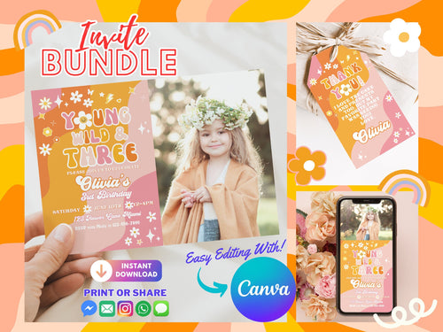 3rd Birthday Young Wild and Three | Retro Groovy 3rd Birthday Party Invitations | Daisy Girl Birthday Invite | Hippie Retro Birthday