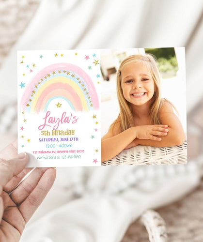 4th Birthday | 5th Birthday | Pastel Rainbow Birthday Invitation | Colorful Watercolor Gold Glitter Sprinkles | Ombre Pastel Invitation