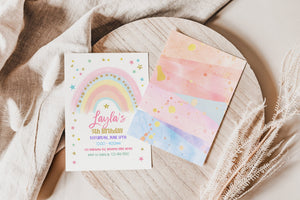 4th Birthday | 5th Birthday | Pastel Rainbow Birthday Invitation | Colorful Watercolor Gold Glitter Sprinkles | Ombre Pastel Invitation