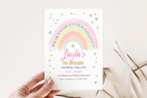 4th Birthday | 5th Birthday | Pastel Rainbow Birthday Invitation | Colorful Watercolor Gold Glitter Sprinkles | Ombre Pastel Invitation