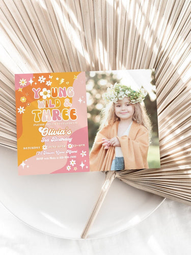 3rd Birthday Young Wild and Three | Retro Groovy 3rd Birthday Party Invitations | Daisy Girl Birthday Invite | Hippie Retro Birthday