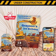 Load image into Gallery viewer, Construction Birthday Invitation | Excavator Dump Truck Party Invite | Constructions Vehicles Birthday Theme | Boy Birthday Invite