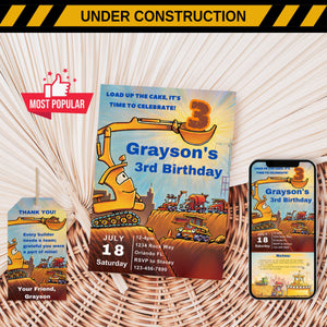 Construction Birthday Invitation | Excavator Dump Truck Party Invite | Constructions Vehicles Birthday Theme | Boy Birthday Invite