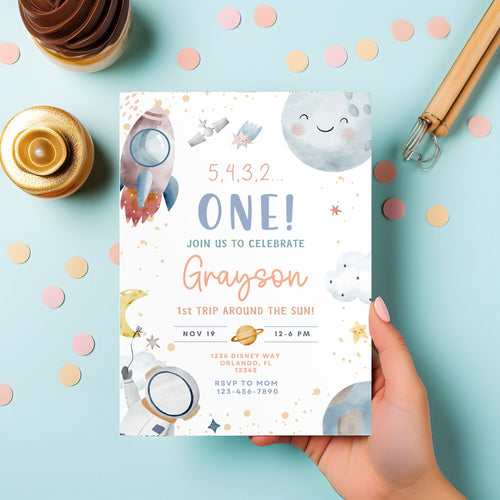 Space Invitation | Printable Birthday Invite | Space 1 Year Old Birthday | 1st Birthday Invite | First Trip Around the Sun