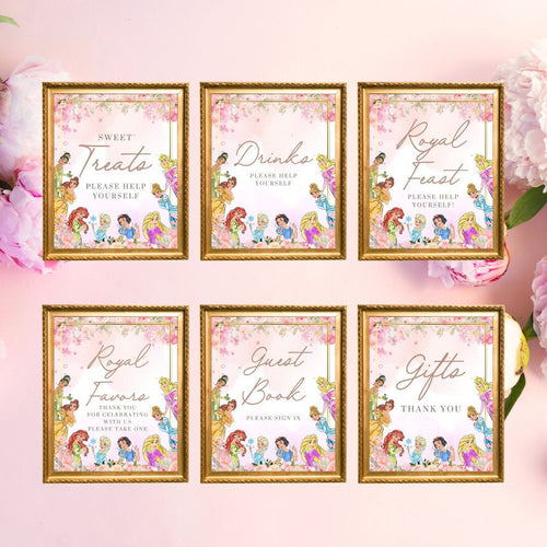Princess party table sign set Set of 7 EDITABLE, Download Birthday table decor