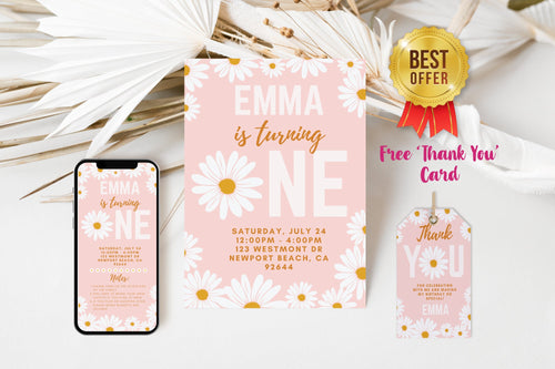 1st Birthday | Daisy Girl Birthday Invite | Retro Daisy First Birthday Party Invitations | Printable Instant Download | Editable Template